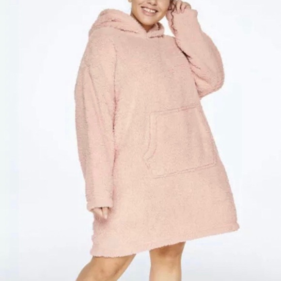 VICTORIA'S SECRET PINK Sherpa Hooded Tunic Pullover Dress One Size Misty Rose - Picture 2 of 2